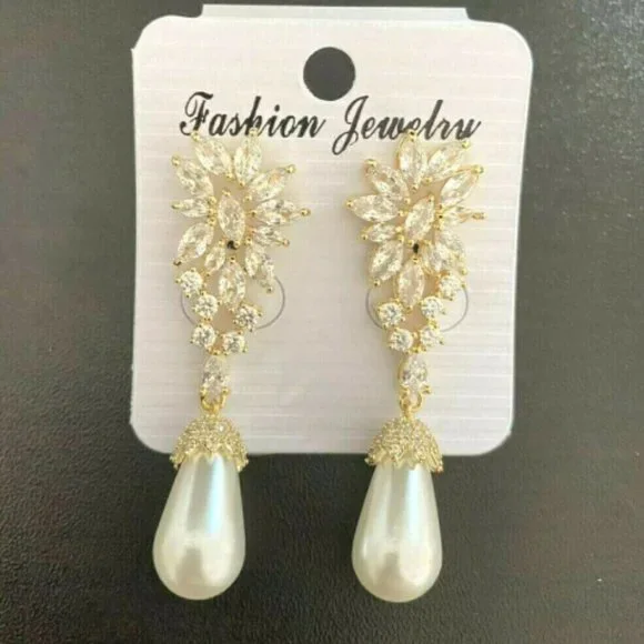 18k Gold Pearl Earrings Wedding Bridal Dangle Drop Statement Earrings - Picture 2 of 2